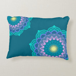 Colourful Mandala on Blue Background Decorative Cushion