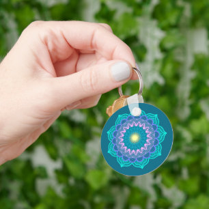 Colourful Mandala on Blue Background Key Ring