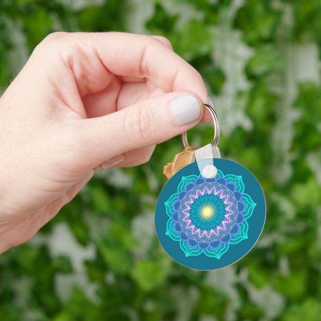 Colourful Mandala on Blue Background Key Ring (Hand)