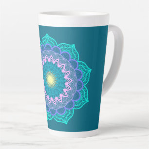 Colourful Mandala on Blue Background Latte Mug
