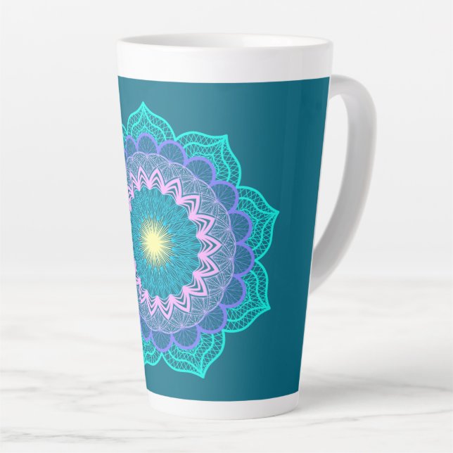 Colourful Mandala on Blue Background Latte Mug (Right Angle)