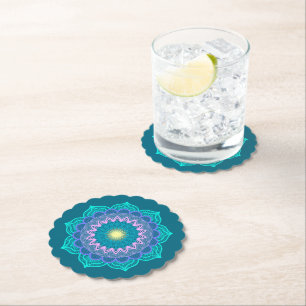 Colourful Mandala on Blue Background Paper Coaster