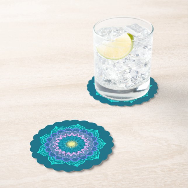 Colourful Mandala on Blue Background Paper Coaster (Insitu)