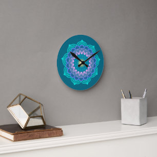 Colourful Mandala on Blue Background Round Clock