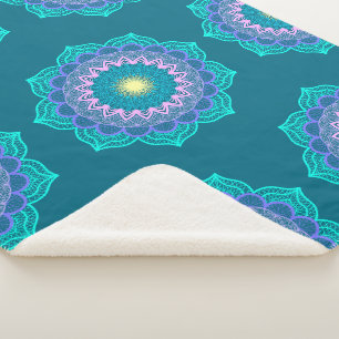 Colourful Mandala on Blue Background Sherpa Blanket