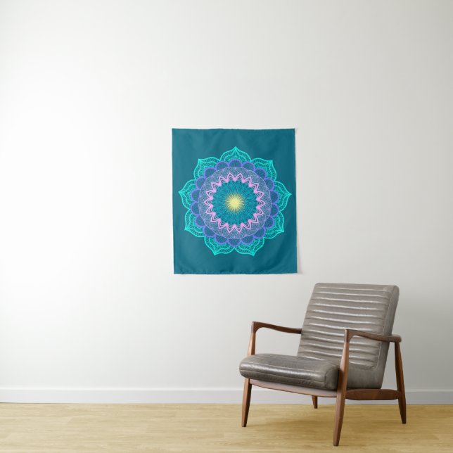 Colourful Mandala on Blue Background Small Tapestry (In Situ)