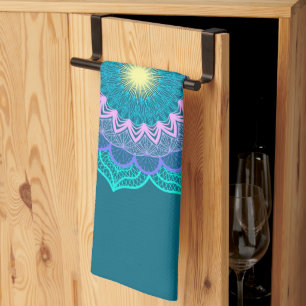 Colourful Mandala on Blue Background Tea Towel