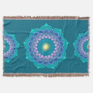 Colourful Mandala on Blue Background Throw Blanket