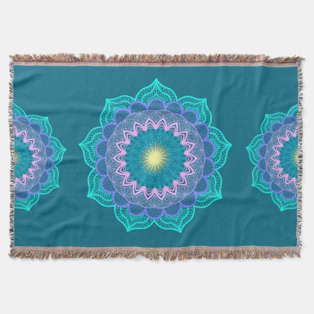 Colourful Mandala on Blue Background Throw Blanket (Front)