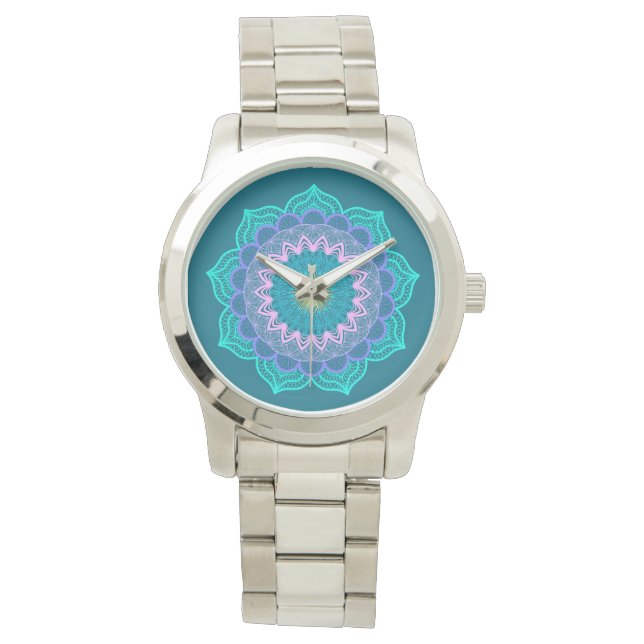 Colourful Mandala on Blue Background Watch (Front)
