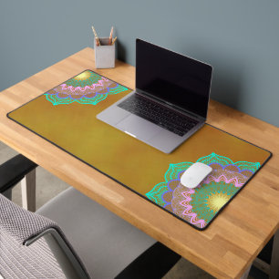 Colourful Mandala on Gold Background Desk Mat
