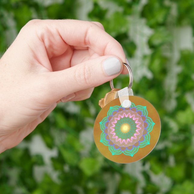 Colourful Mandala on Gold Background Key Ring (Hand)