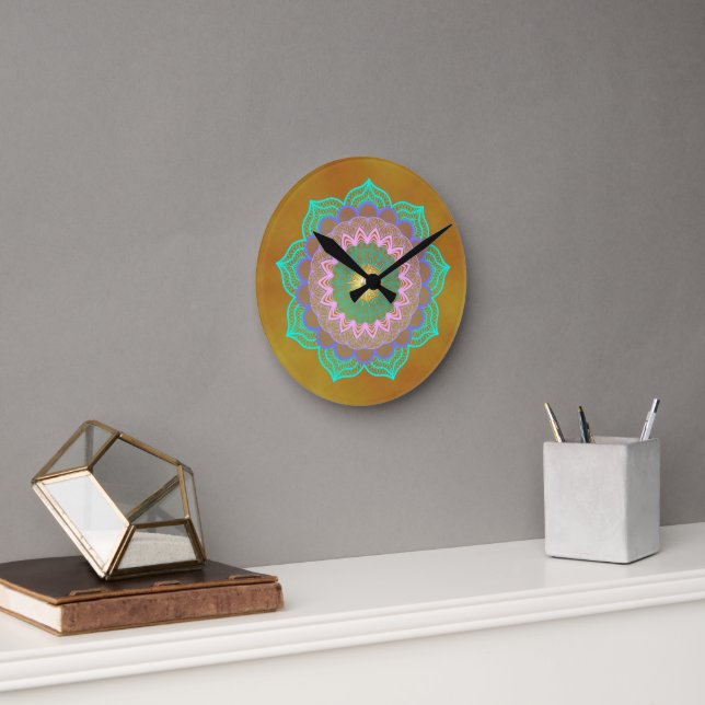 Colourful Mandala on Gold Background Round Clock (Office)