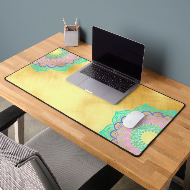 Colourful Mandala on Soft Gold Background Desk Mat (Office 2)