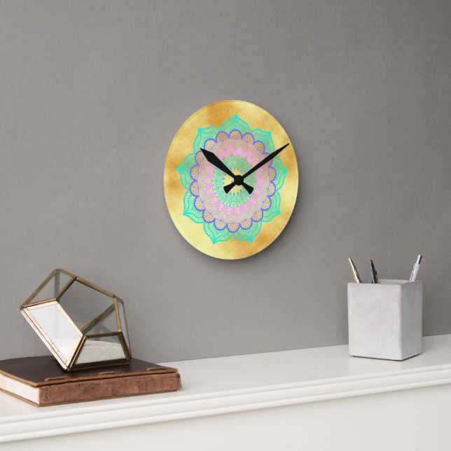 Colourful Mandala on Soft Gold Background Round Clock (Office)