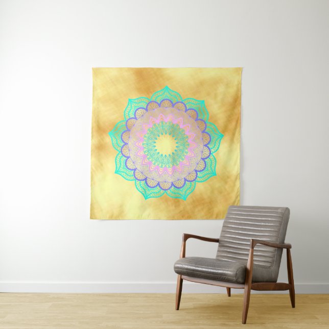 Colourful Mandala on Soft Gold Background Square Tapestry (In Situ)