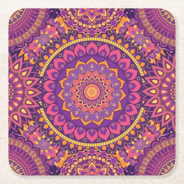 Colourful Mandala Pattern Square Paper Coaster (Front)