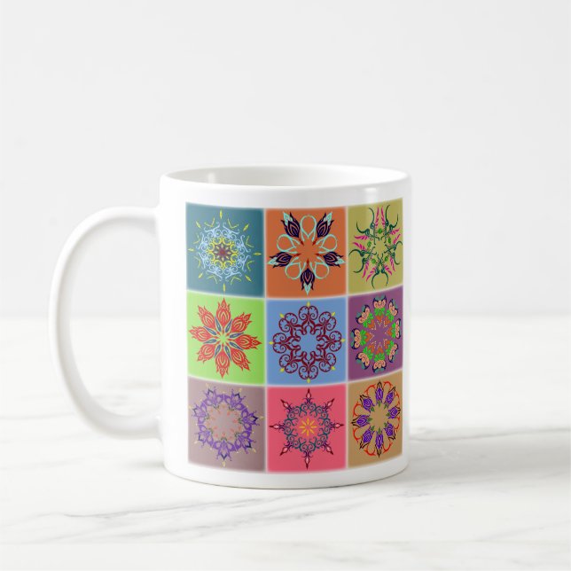 Colourful Mandala Tile Pattern – Boho Geometric Coffee Mug (Left)