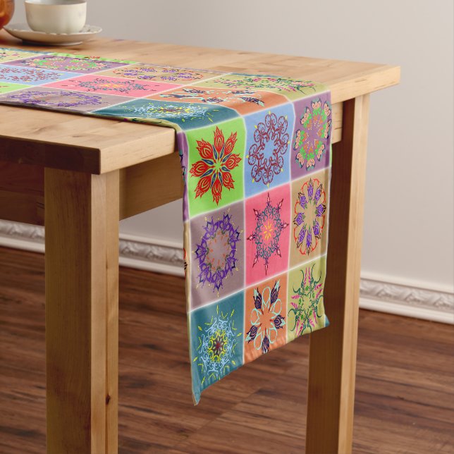 Colourful Mandala Tile Pattern – Boho Geometric Short Table Runner (In Situ)