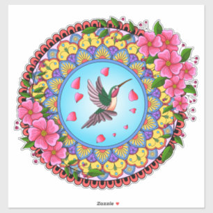 Colourful mandala with humming bird and pink flowe