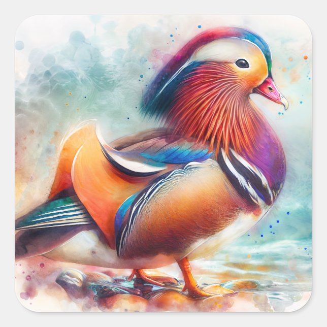 Colourful Mandarin Duck Watercolor Art Square Sticker (Front)