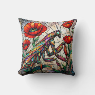 Colourful Mantis Stained Glass Poppies Steampunk Cushion