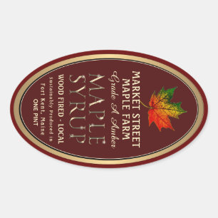 Colourful Maple Leaf Gold Metallic Maple Syrup Ova Oval Sticker