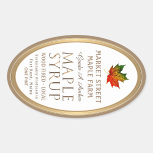 Colourful Maple Leaf Gold Metallic Maple Syrup Ova Oval Sticker