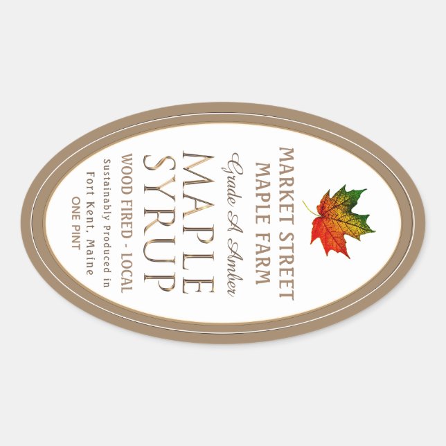 Colourful Maple Leaf Gold Metallic Maple Syrup Ova Oval Sticker (Front)