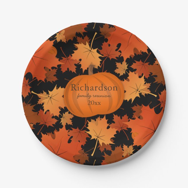 Colourful maple leaves pumpkin fall family reunion paper plate (Front)