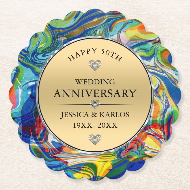 Colourful Marble 50th gold wedding anniversary Paper Coaster (Front)