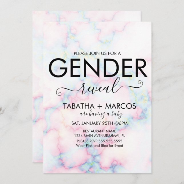Colourful Marble Pattern Script Gender Reveal Invitation (Front/Back)