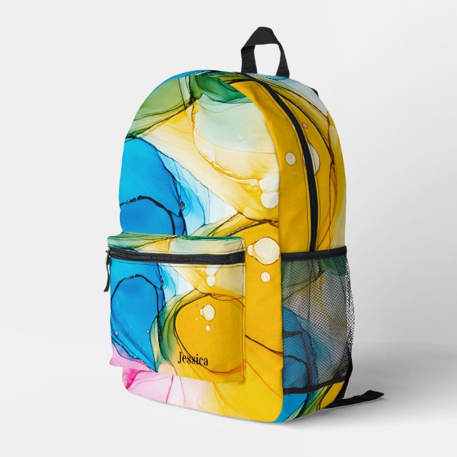 Colourful Marbled Alcohol Ink  Customisable Name  Printed Backpack (Back Corner Right)