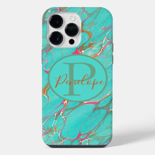Colourful Marbled Faux Turquoise with Monogram  iPhone 14 Pro Max Case