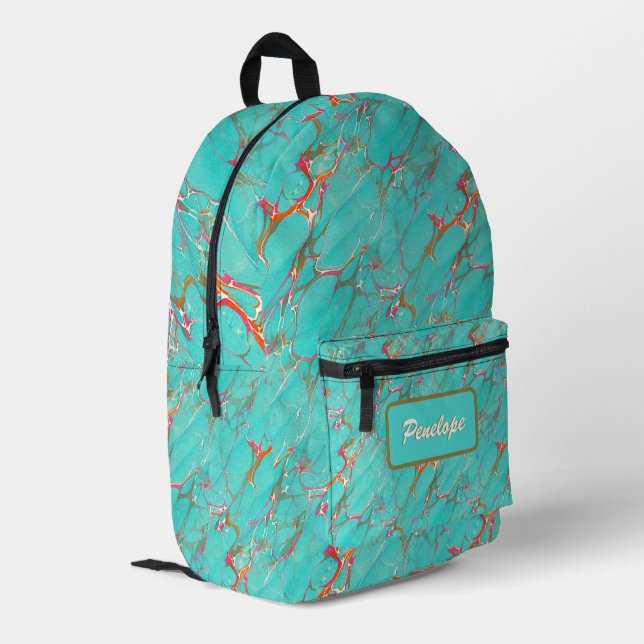 Colourful Marbled Faux Turquoise With Your Name Printed Backpack (Back Corner Left)