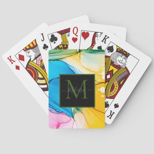 Colourful Marbled Monogram Name Playing Cards (Back)