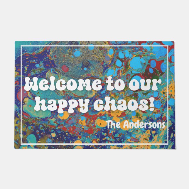 Colourful marbling welcome to our happy chaos doormat (Front)