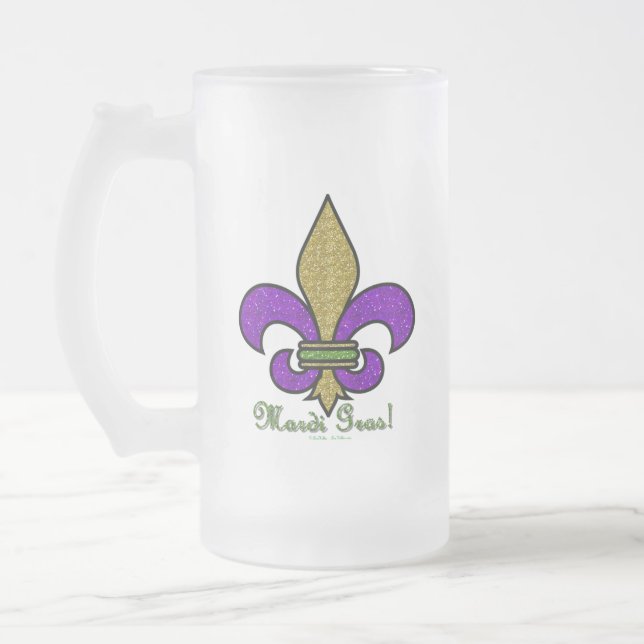 Colourful Mardi Gras Fleur De Lis Frosted Glass Beer Mug (Left)