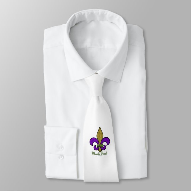 Colourful Mardi Gras Fleur De Lis on White Tie (Tied)