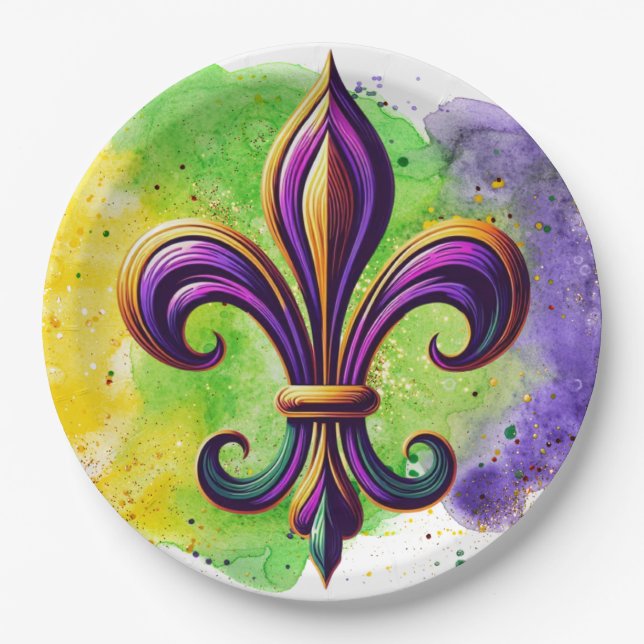 Colourful Mardi Gras Fleur de lis  Paper Plate (Front)