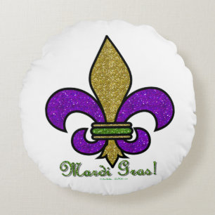 Colourful Mardi Gras Fleur De Lis Round Cushion