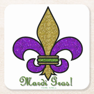 Colourful Mardi Gras Fleur De Lis Square Paper Coaster