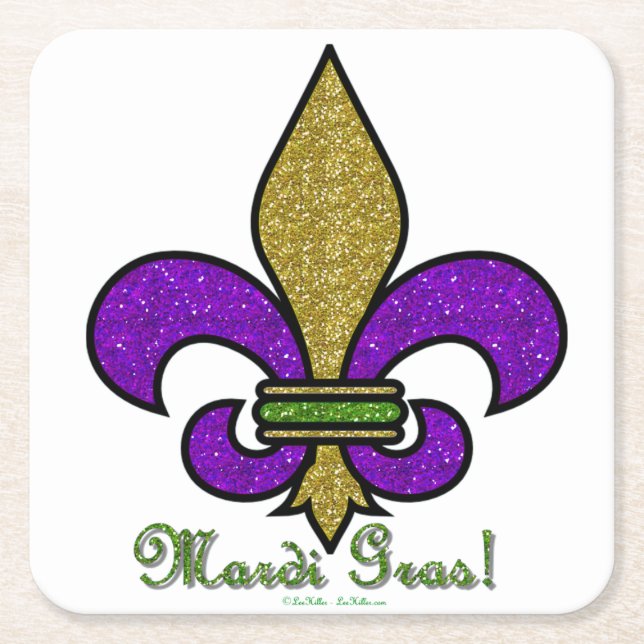 Colourful Mardi Gras Fleur De Lis Square Paper Coaster (Front)