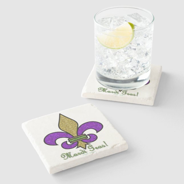 Colourful Mardi Gras Fleur De Lis Stone Coaster (Side)