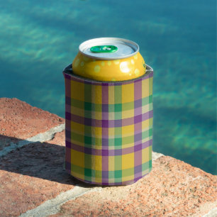Colourful Mardi Gras gingham patterned Can Cooler