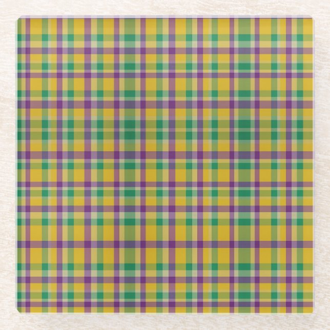 Colourful Mardi Gras gingham patterned Glass Coaster (Front)