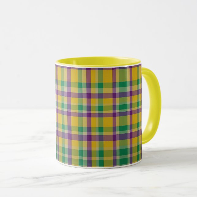 Colourful Mardi Gras gingham patterned Mug (Front Right)