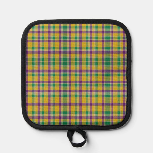 Colourful Mardi Gras gingham patterned Pot Holder (Front)