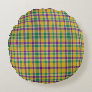 Colourful Mardi Gras gingham patterned Round Cushion