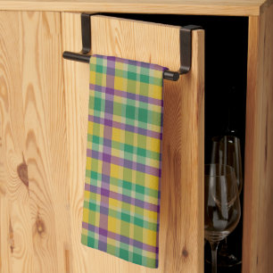 Colourful Mardi Gras gingham patterned Tea Towel